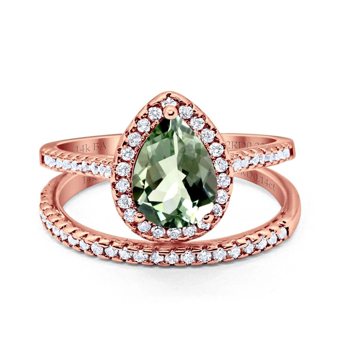 14K Rose Gold 1.62ct Pear 8mmx6mm G SI Natural Green Amethyst Diamond Bridal Engagement Wedding Ring Size 6.5