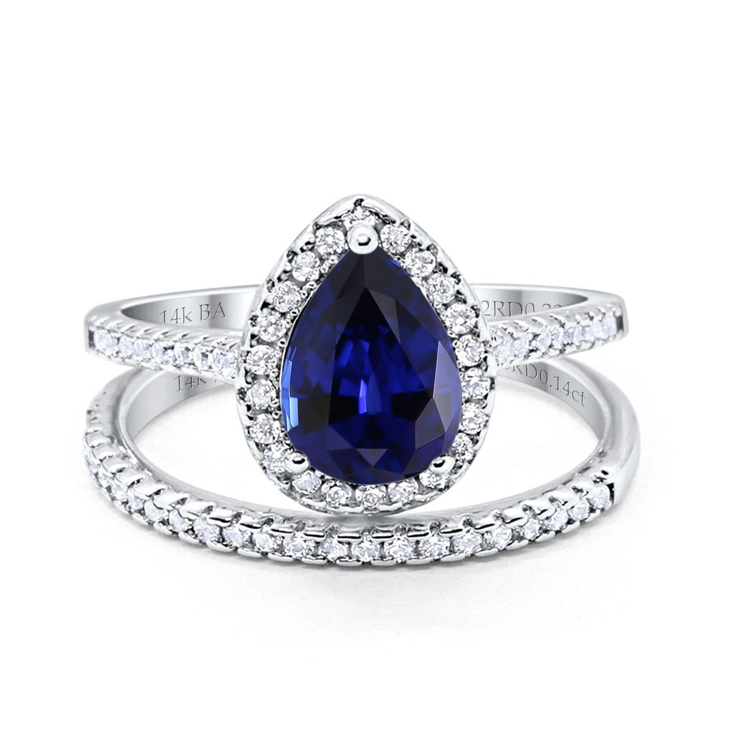 14K White Gold 1.62ct Pear 8mmx6mm G SI Nano Blue Sapphire Diamond Bridal Engagement Wedding Ring Size 6.5