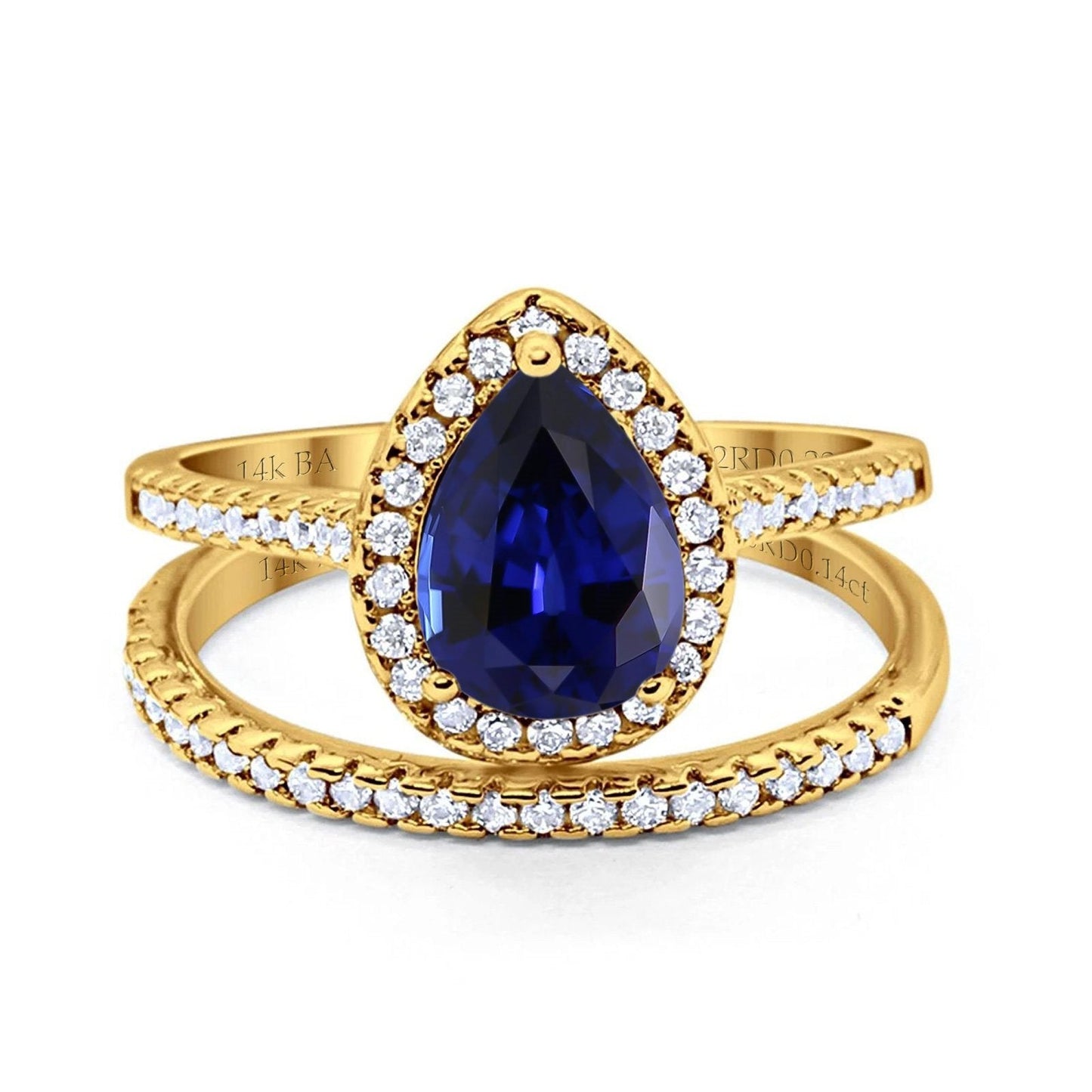 14K Yellow Gold 1.62ct Pear 8mmx6mm G SI Nano Blue Sapphire Diamond Bridal Engagement Wedding Ring Size 6.5