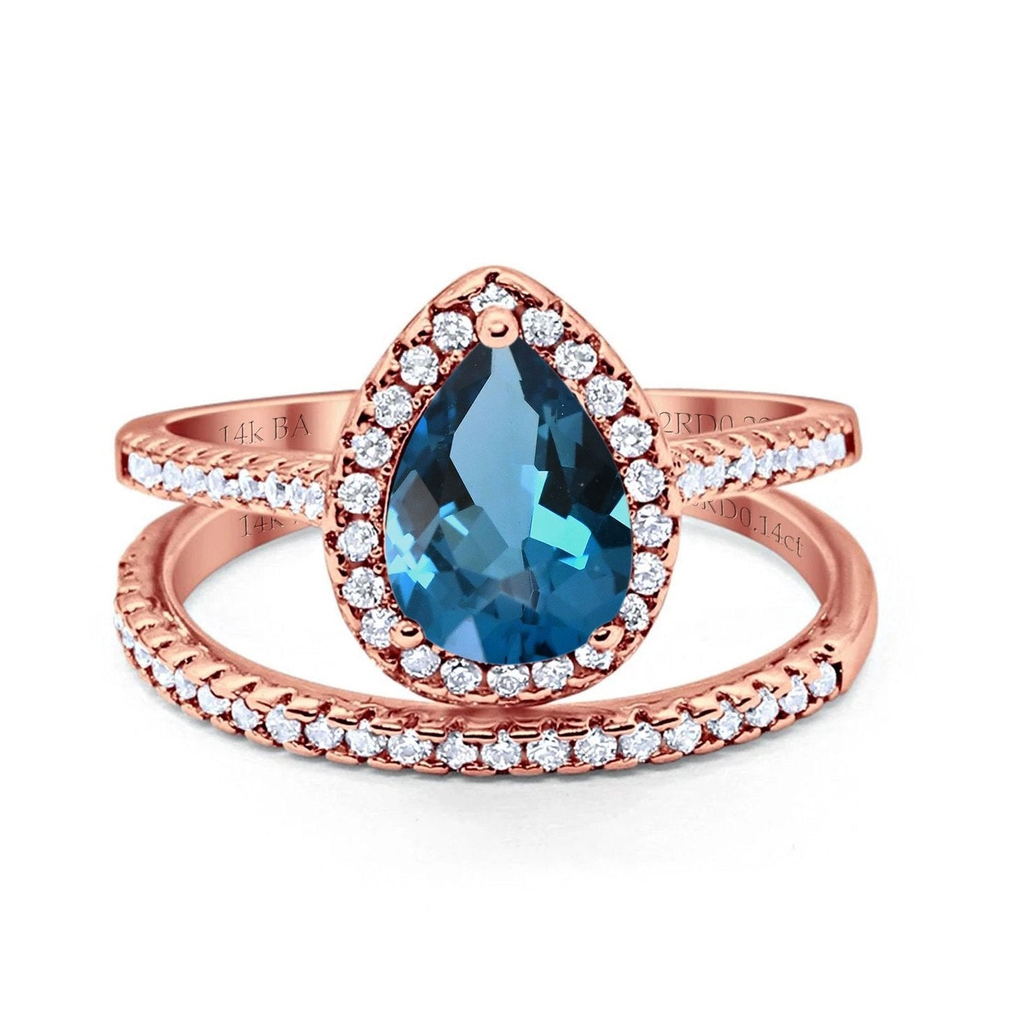 Bague de fiançailles en or rose 14 carats avec topaze bleue de Londres de 8 mm x 6 mm et diamant en forme de poire de 1,62 ct, taille 6,5