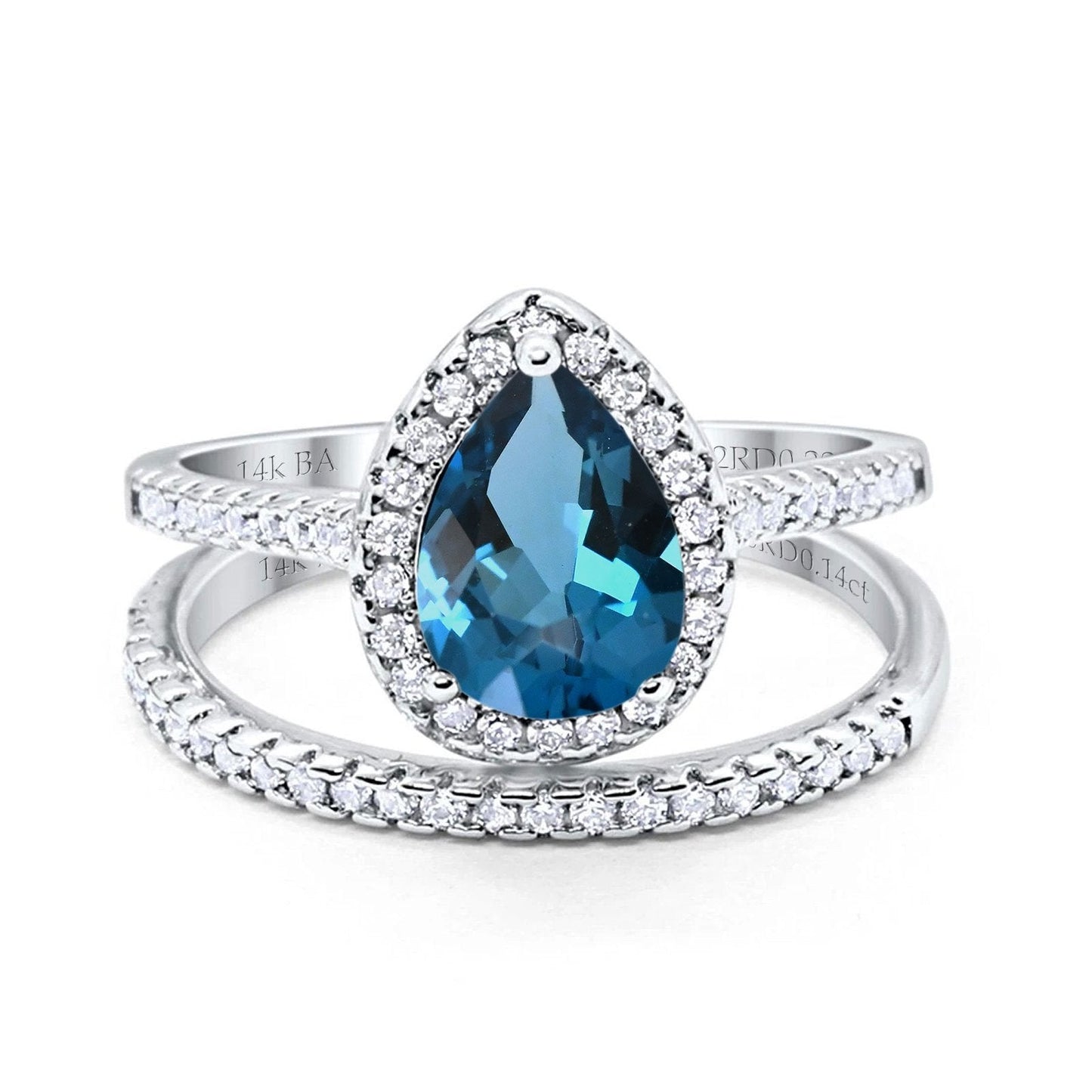 14K White Gold 1.62ct Pear 8mmx6mm G SI London Blue Topaz Diamond Bridal Engagement Wedding Ring Size 6.5