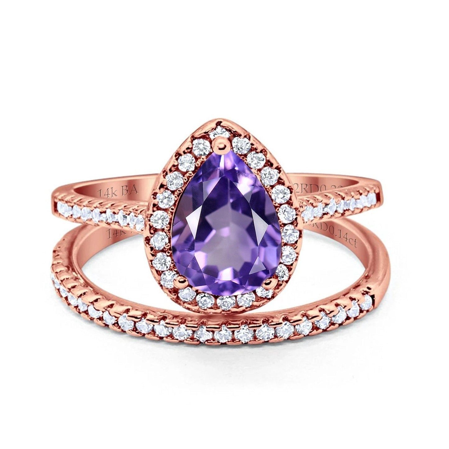 14K Rose Gold 1.62ct Pear 8mmx6mm G SI Natural Amethyst Diamond Bridal Engagement Wedding Ring Size 6.5