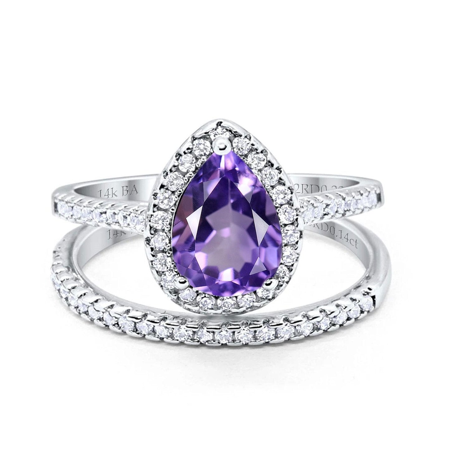 14K White Gold 1.62ct Pear 8mmx6mm G SI Natural Amethyst Diamond Bridal Engagement Wedding Ring Size 6.5