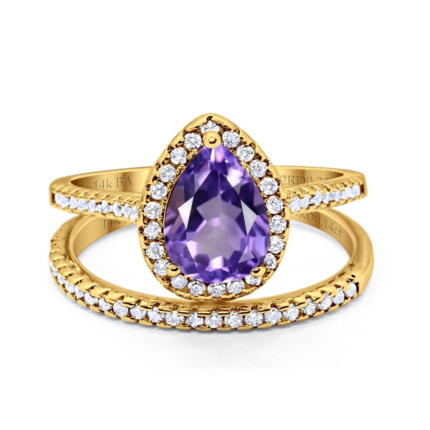 14K Yellow Gold 1.62ct Pear 8mmx6mm G SI Natural Amethyst Diamond Bridal Engagement Wedding Ring Size 6.5