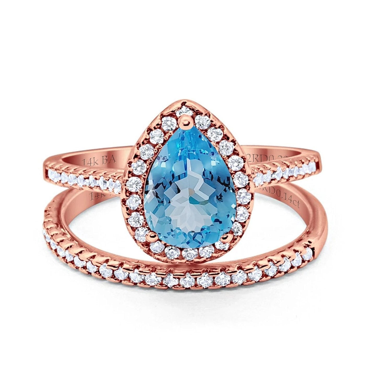 14K Rose Gold 1.62ct Pear 8mmx6mm G SI Natural Blue Topaz Diamond Bridal Engagement Wedding Ring Size 6.5