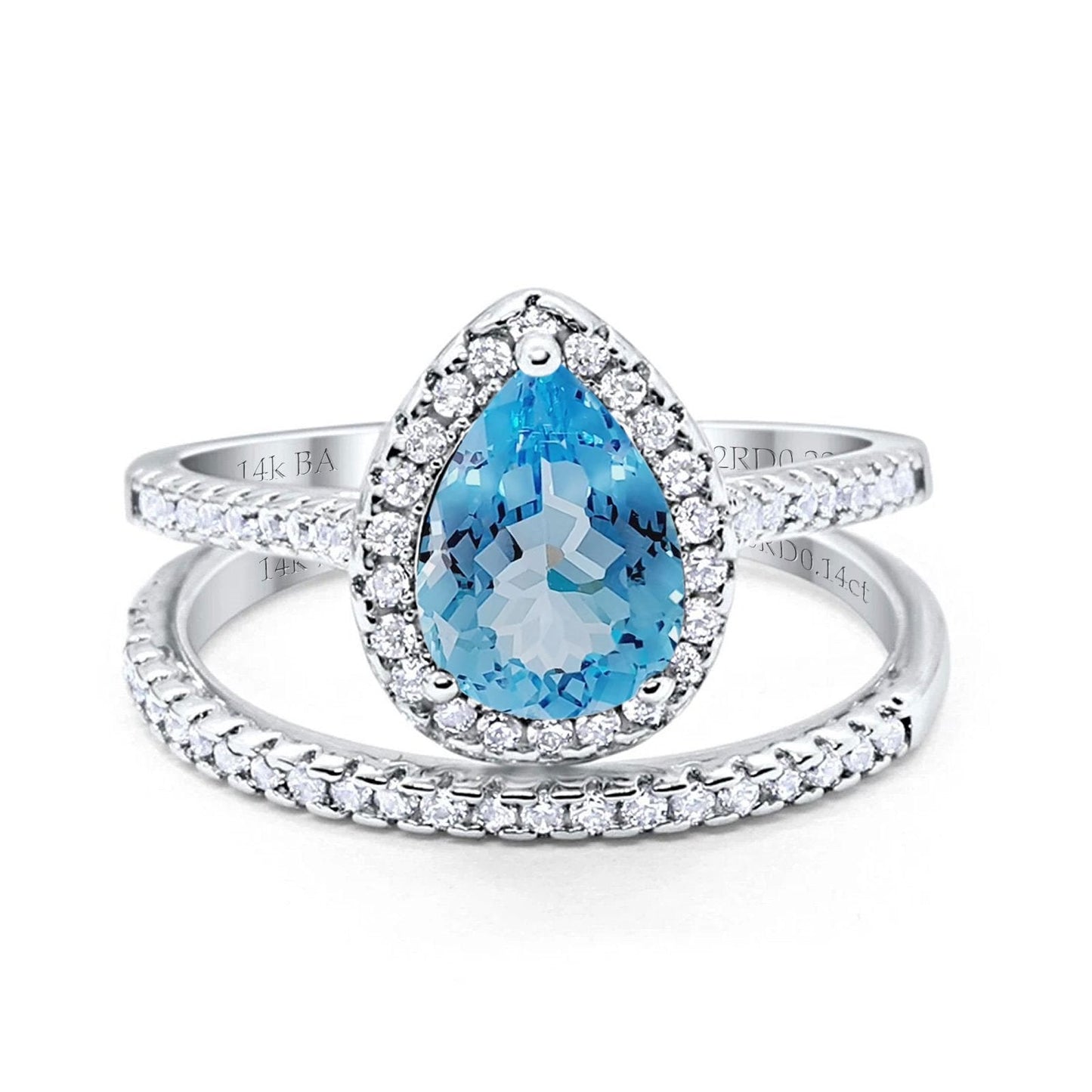 14K White Gold 1.62ct Pear 8mmx6mm G SI Natural Blue Topaz Diamond Bridal Engagement Wedding Ring Size 6.5