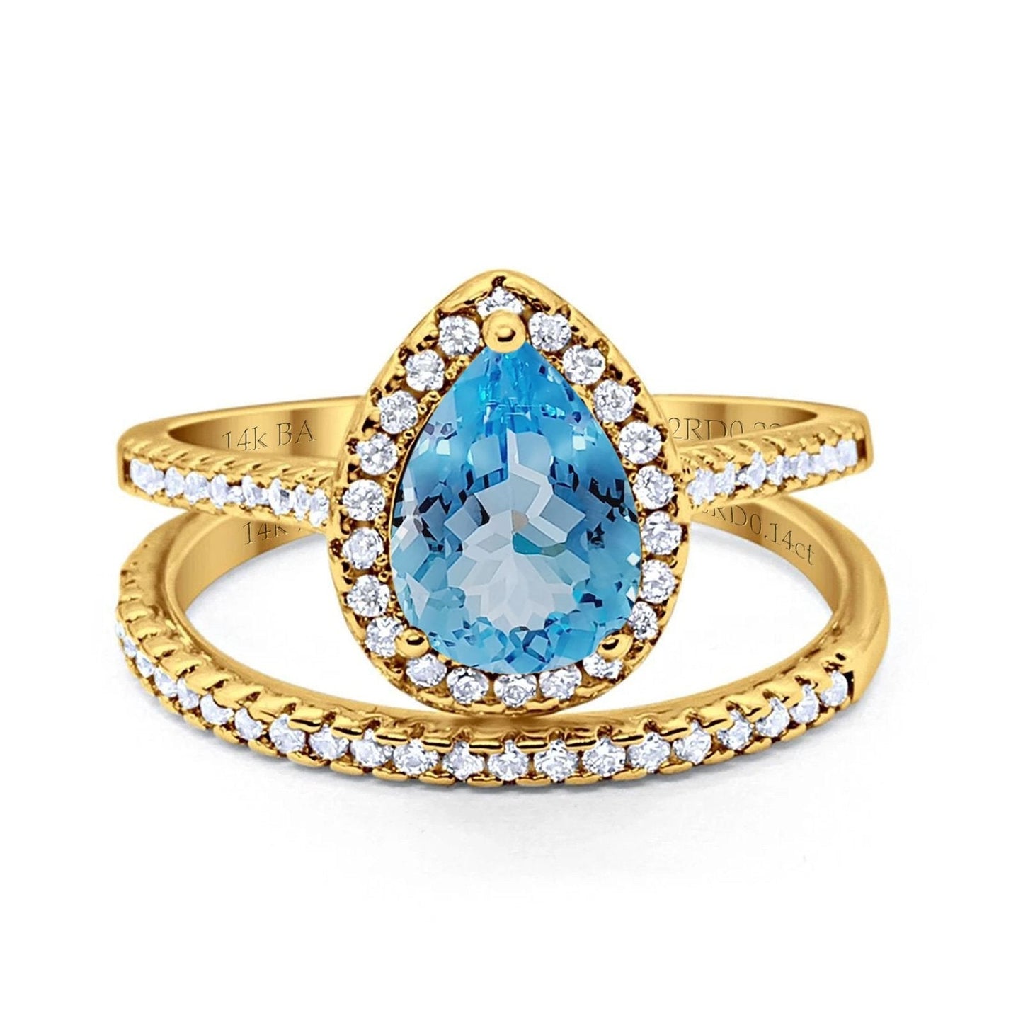 14K Yellow Gold 1.62ct Pear 8mmx6mm G SI Natural Blue Topaz Diamond Bridal Engagement Wedding Ring Size 6.5