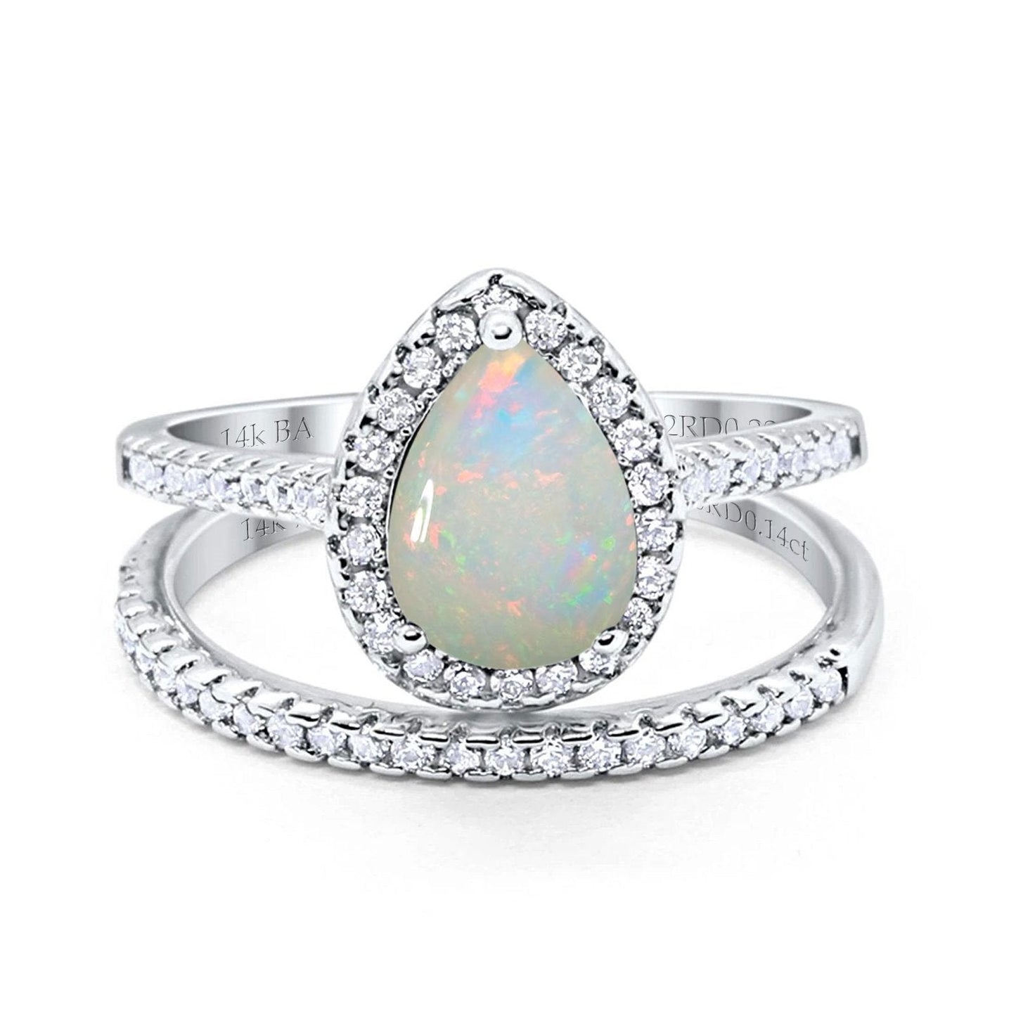 14K White Gold 0.37ct Pear 8mmx6mm G SI Natural White Opal Diamond Bridal Engagement Wedding Ring Size 6.5