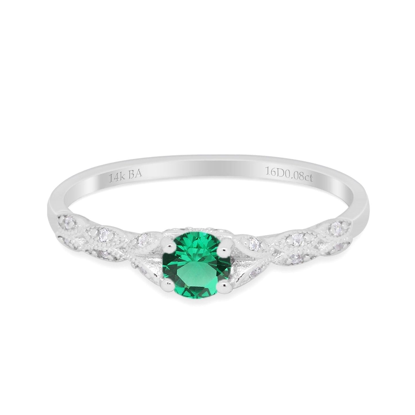 14K White Gold 0.33ct Round Petite Dainty Art Deco 4mm G SI Nano Emerald Diamond Engagement Wedding Ring Size 6.5