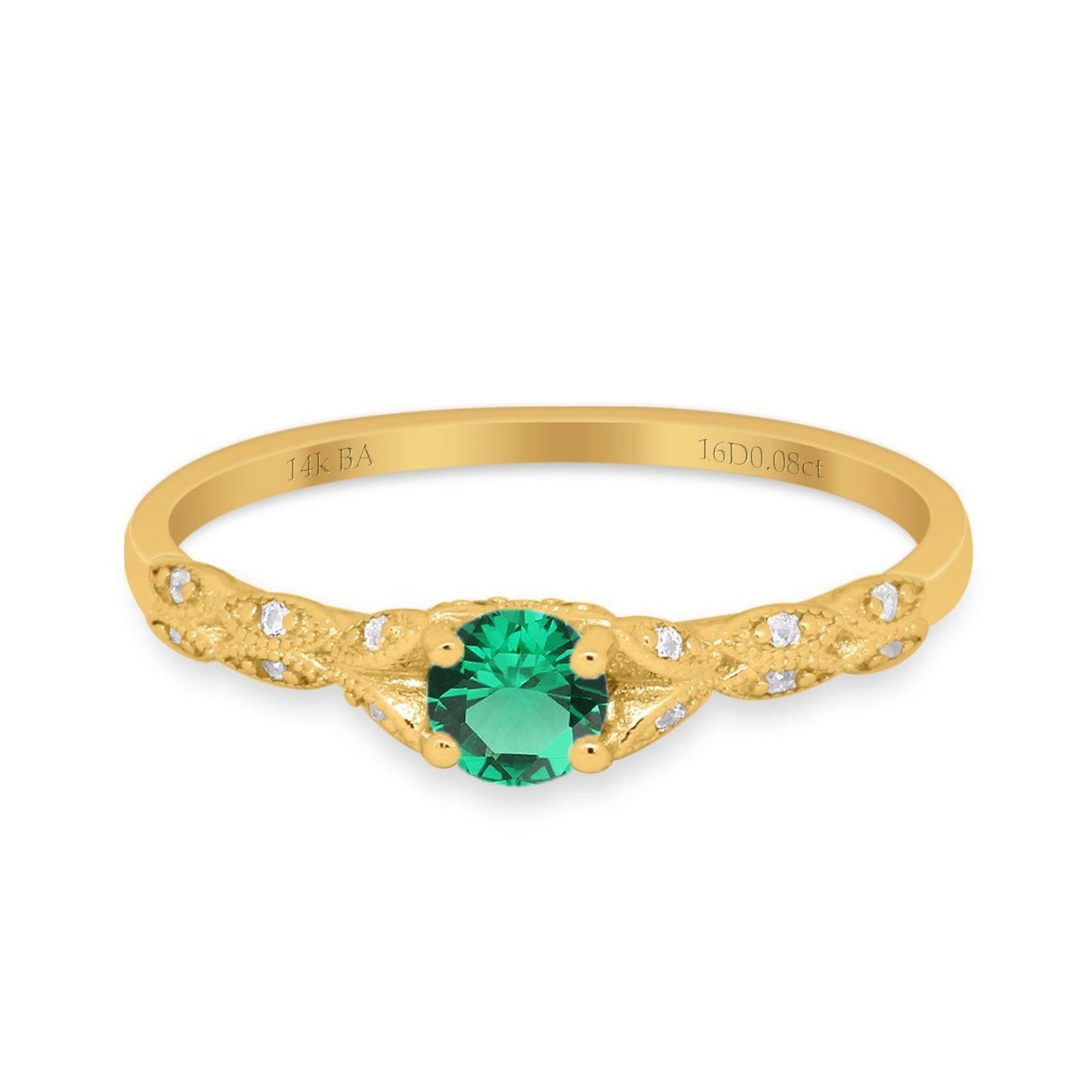 14K Yellow Gold 0.33ct Round Petite Dainty Art Deco 4mm G SI Nano Emerald Diamond Engagement Wedding Ring Size 6.5