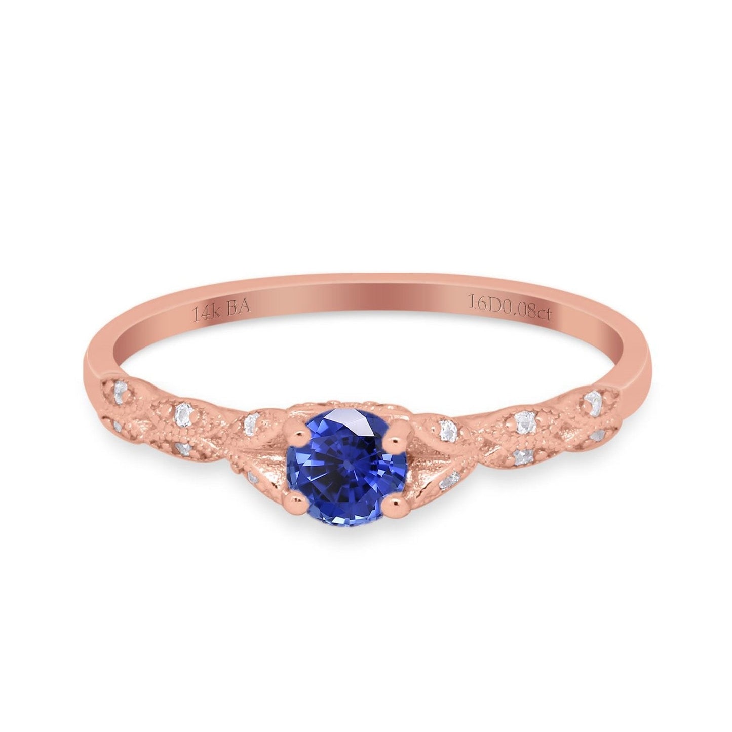 14K Rose Gold 0.33ct Round Petite Dainty Art Deco 4mm G SI Lab Blue Sapphire Diamond Engagement Wedding Ring Size 6.5