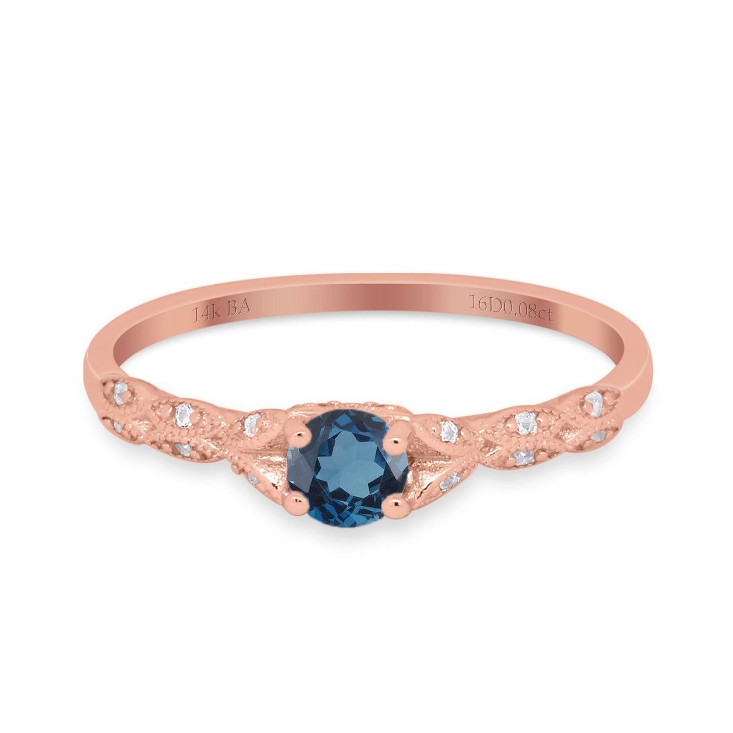 14K Rose Gold 0.33ct Round Petite Dainty Art Deco 4mm G SI London Blue Topaz Diamond Engagement Wedding Ring Size 6.5