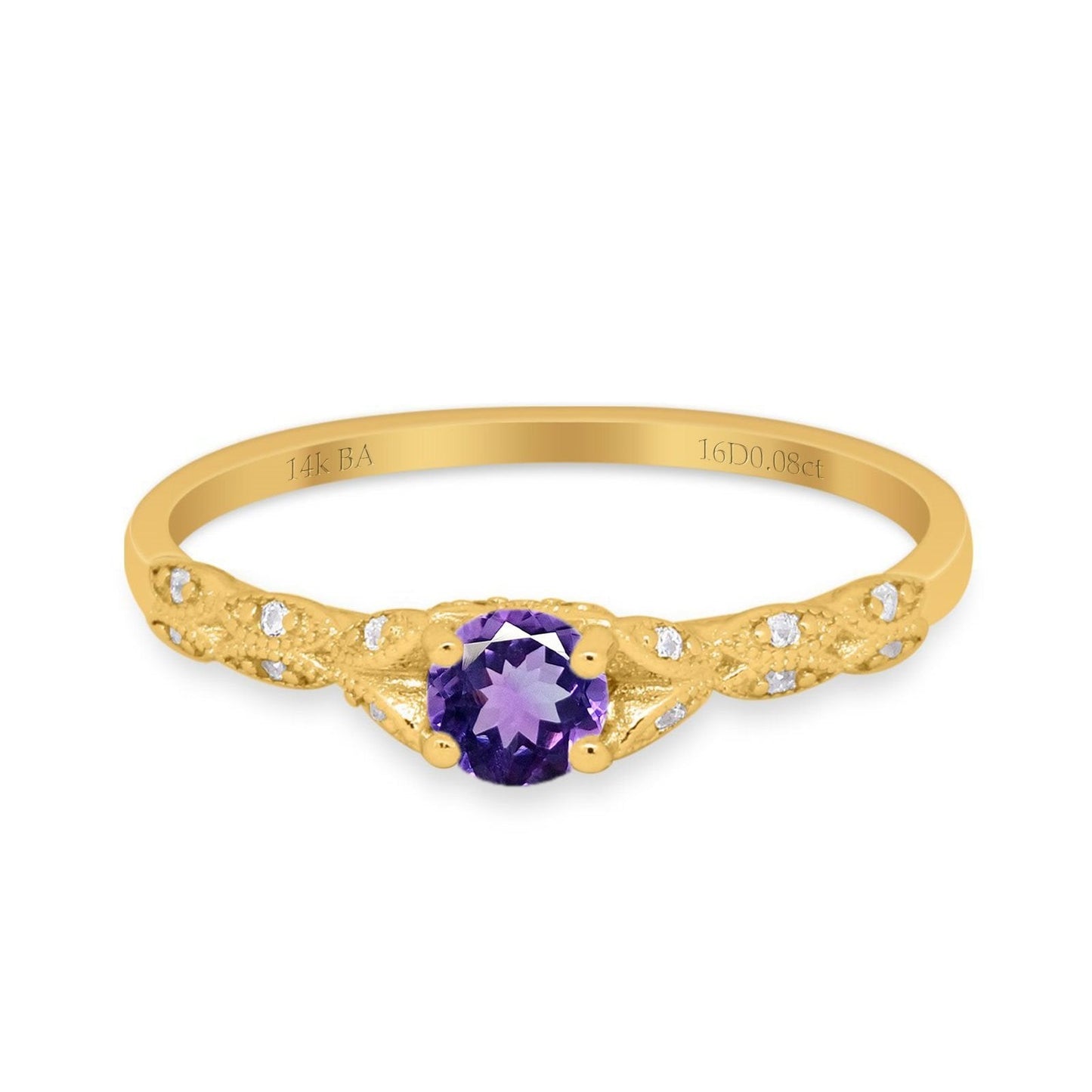 14K Yellow Gold 0.33ct Round Petite Dainty Art Deco 4mm G SI Natural Amethyst Diamond Engagement Wedding Ring Size 6.5