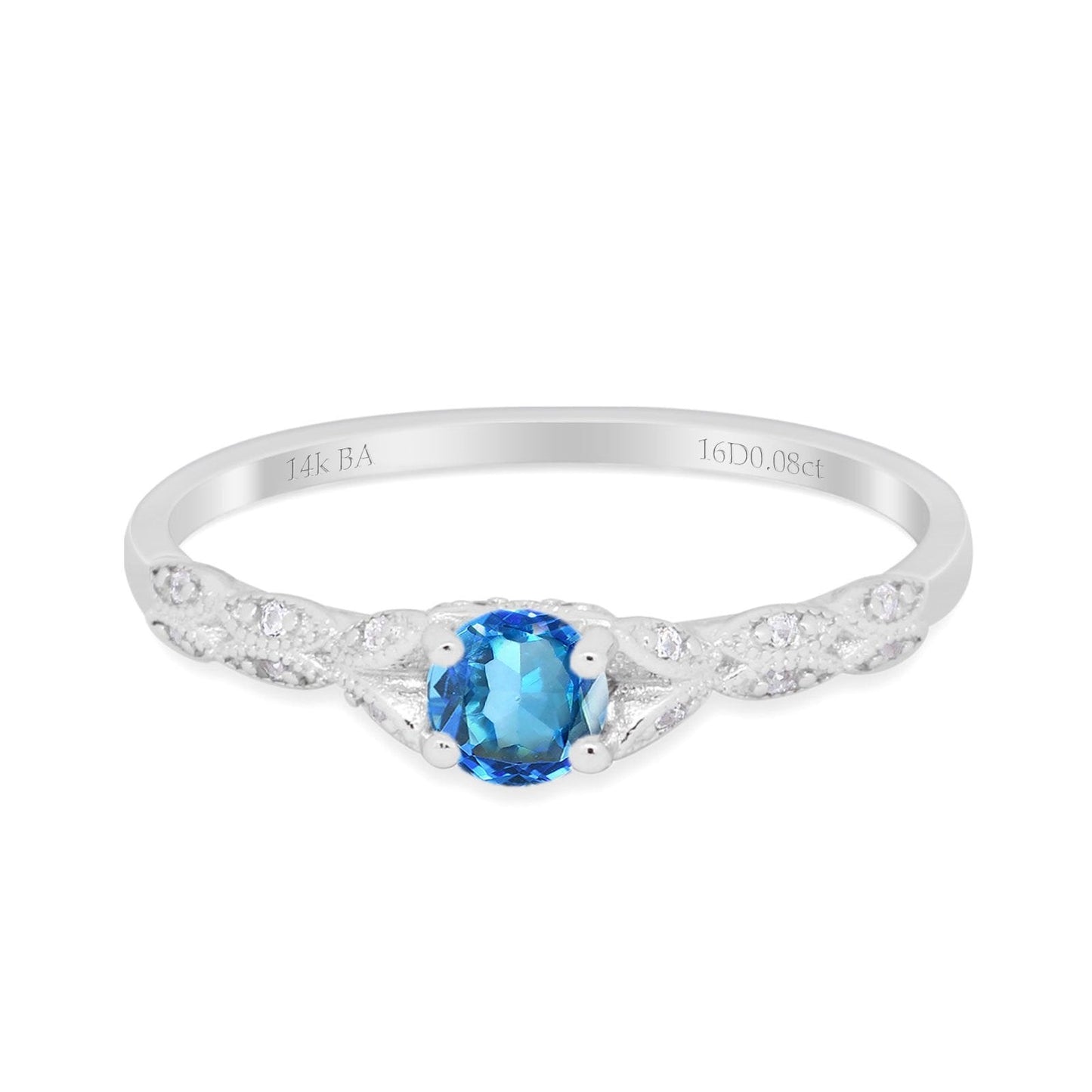 Bague de fiançailles en or blanc 14 carats 0,33 ct Art déco ronde petite et délicate 4 mm G SI avec topaze bleue naturelle et diamant taille 6,5