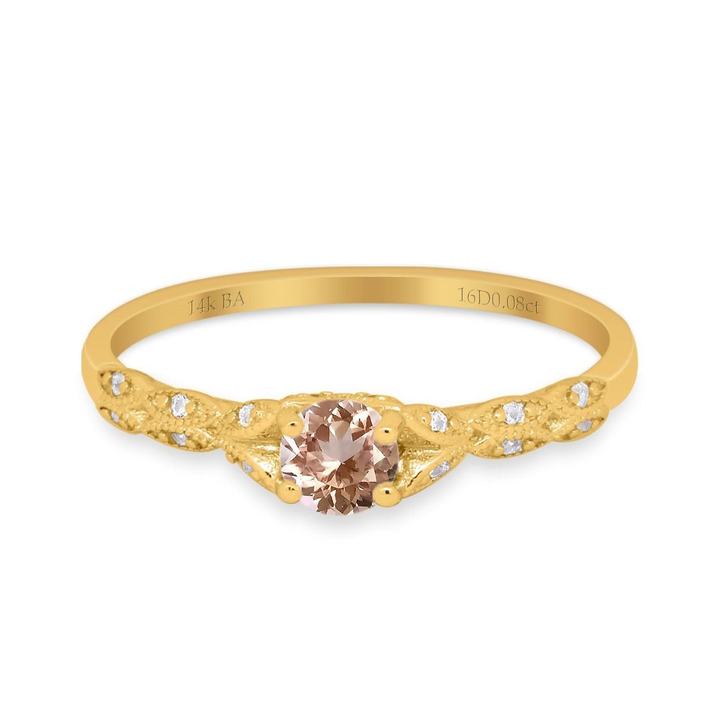 14K Yellow Gold 0.33ct Round Petite Dainty Art Deco 4mm G SI Natural Morganite Diamond Engagement Wedding Ring Size 6.5