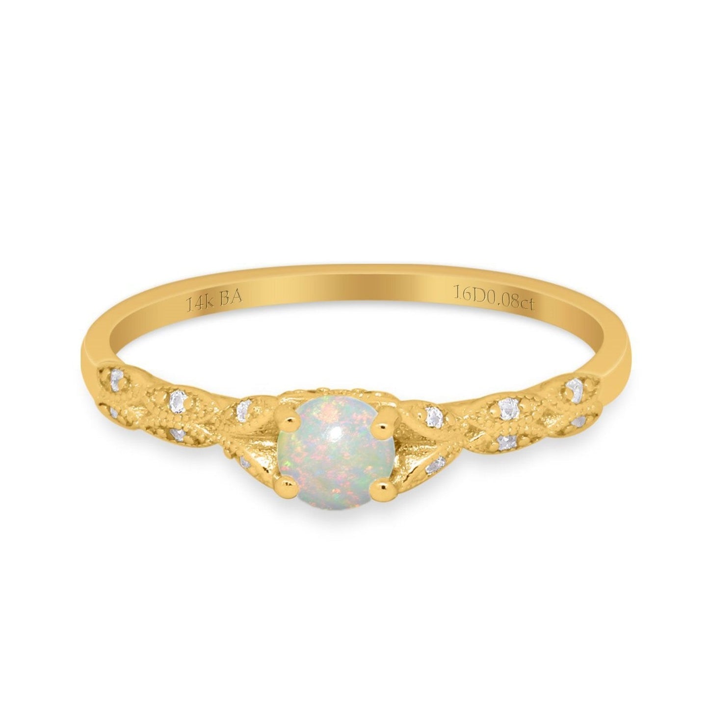 14K Yellow Gold 0.08ct Round Petite Dainty Art Deco 4mm G SI Natural White Opal Diamond Engagement Wedding Ring Size 6.5