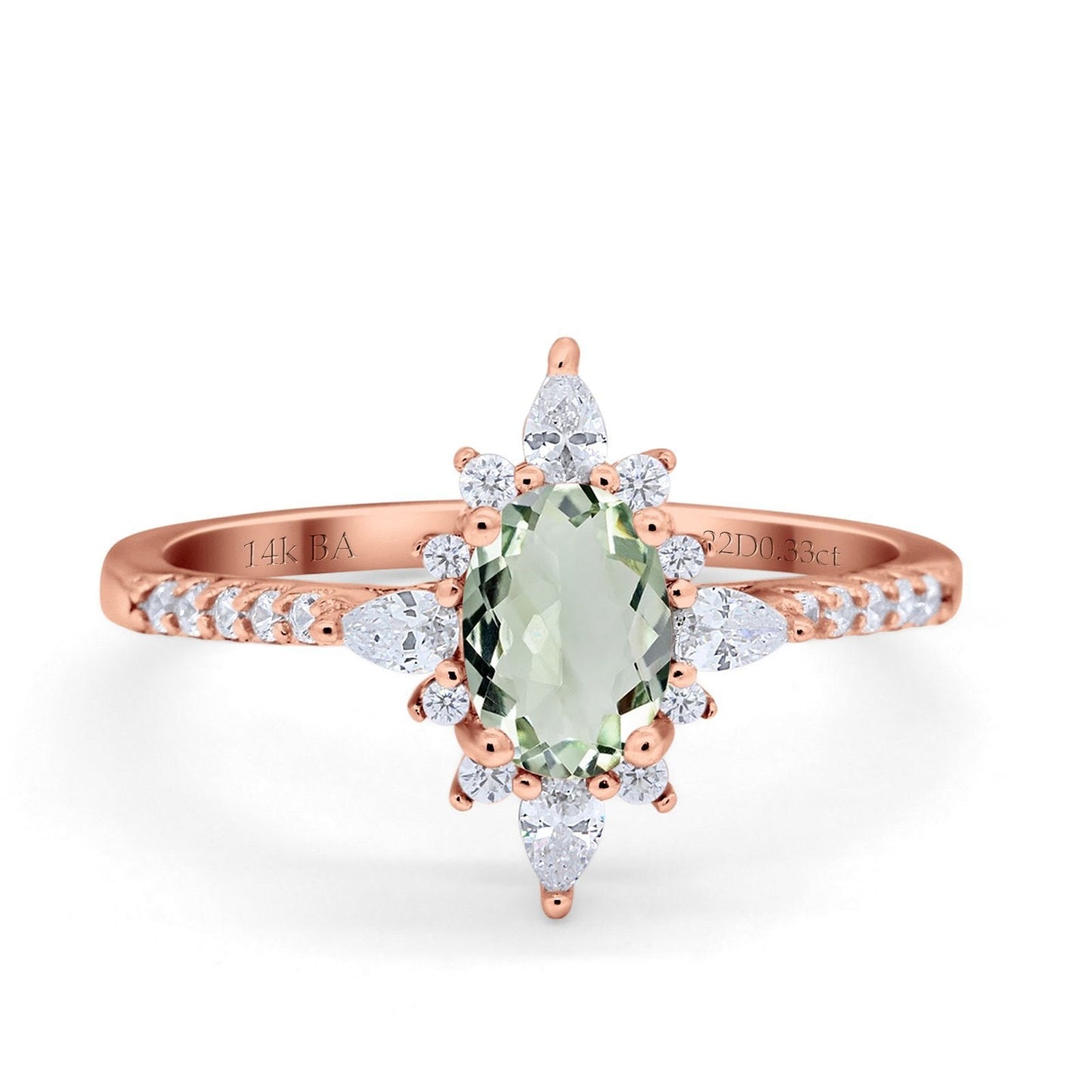 14K Rose Gold 1.54ct Vintage Oval 8mmx6mm G SI Natural Green Amethyst Diamond Engagement Wedding Ring Size 6.5