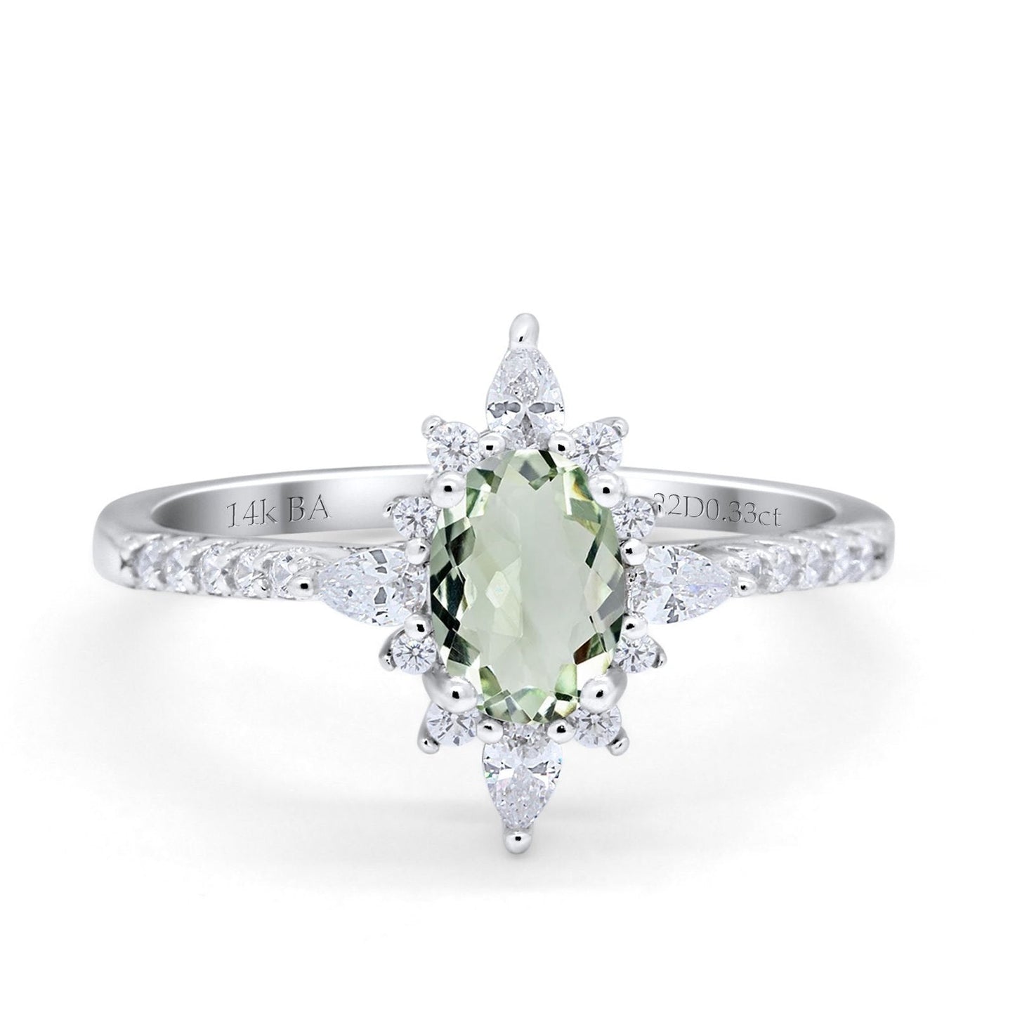 14K White Gold 1.54ct Vintage Oval 8mmx6mm G SI Natural Green Amethyst Diamond Engagement Wedding Ring Size 6.5