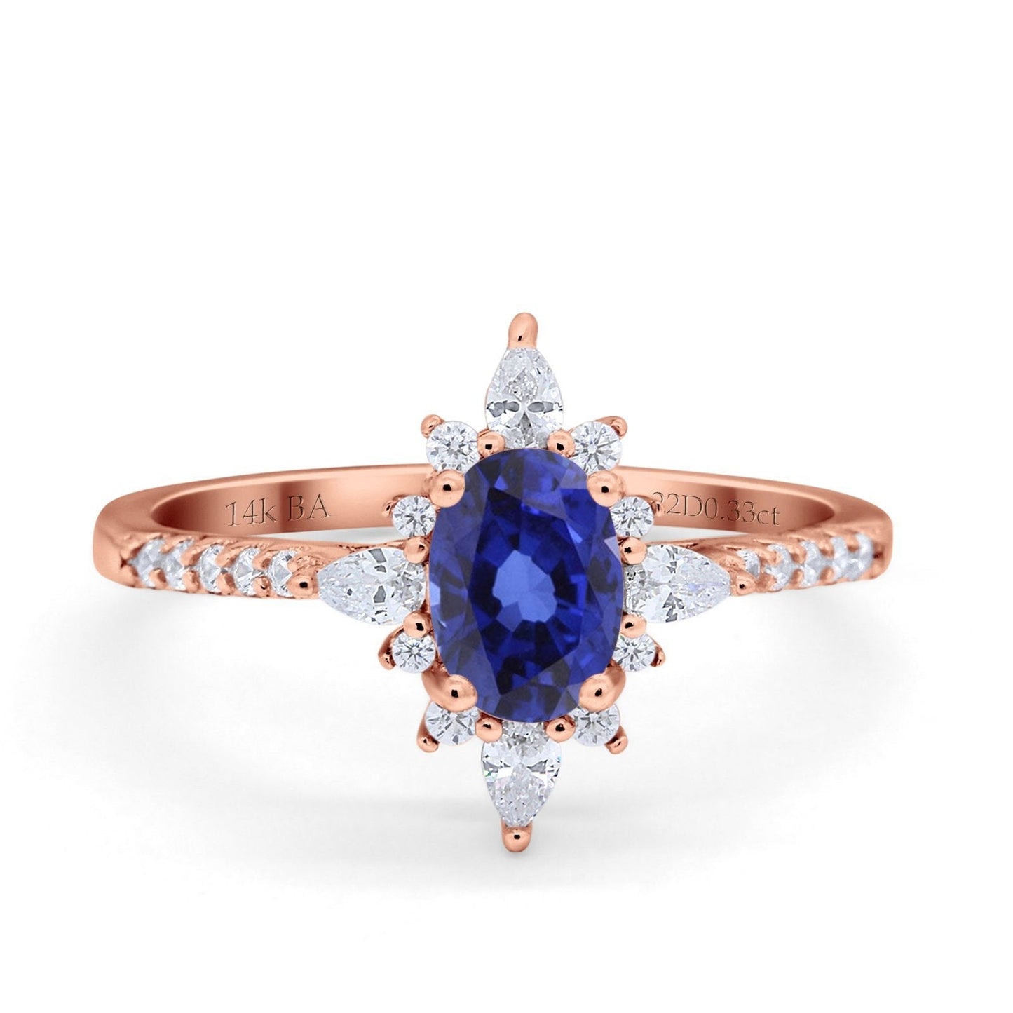 14K Rose Gold 1.54ct Vintage Oval 8mmx6mm G SI Lab Blue Sapphire Diamond Engagement Wedding Ring Size 6.5