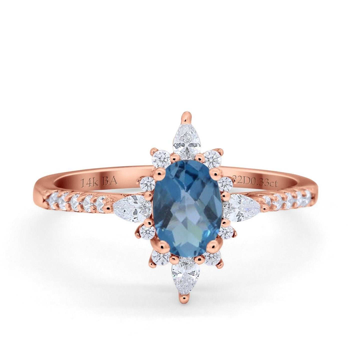 14K Rose Gold 1.54ct Vintage Oval 8mmx6mm G SI London Blue Topaz Diamond Engagement Wedding Ring Size 6.5