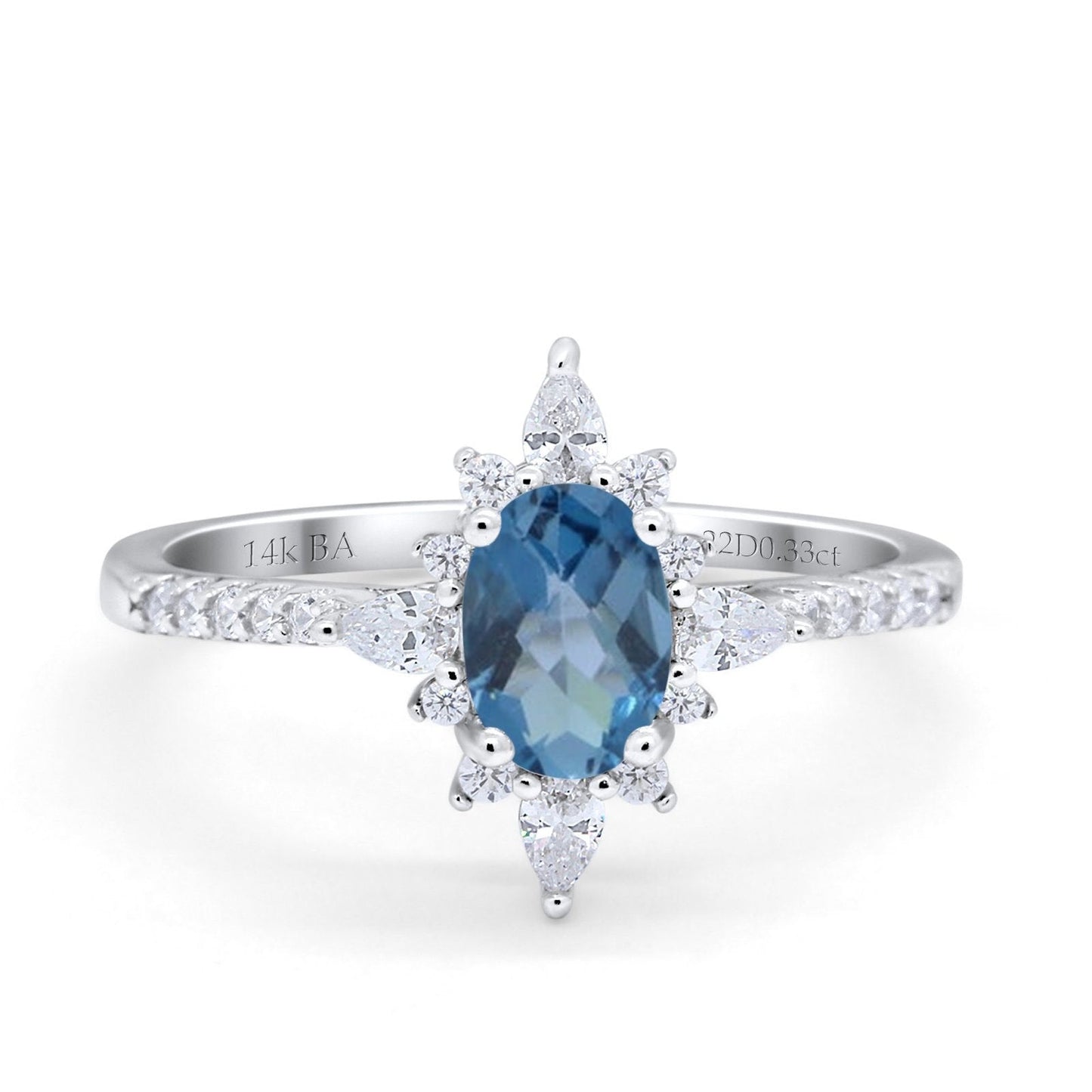 14K White Gold 1.54ct Vintage Oval 8mmx6mm G SI London Blue Topaz Diamond Engagement Wedding Ring Size 6.5