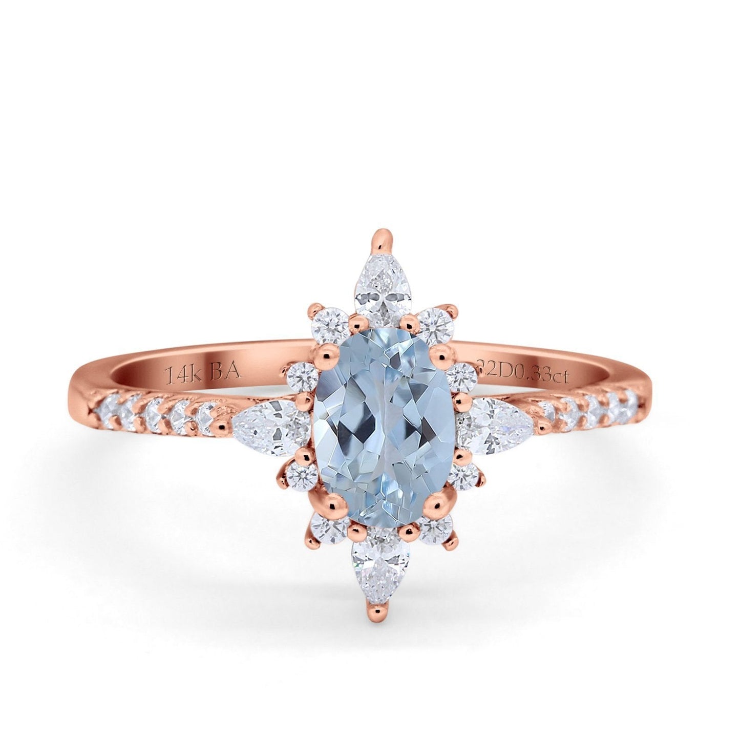 14K Rose Gold 1.54ct Vintage Oval 8mmx6mm G SI Natural Aquamarine Diamond Engagement Wedding Ring Size 6.5