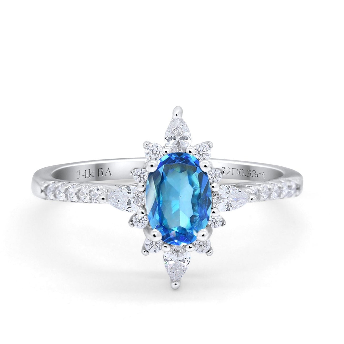 14K White Gold 1.54ct Vintage Oval 8mmx6mm G SI Natural Blue Topaz Diamond Engagement Wedding Ring Size 6.5