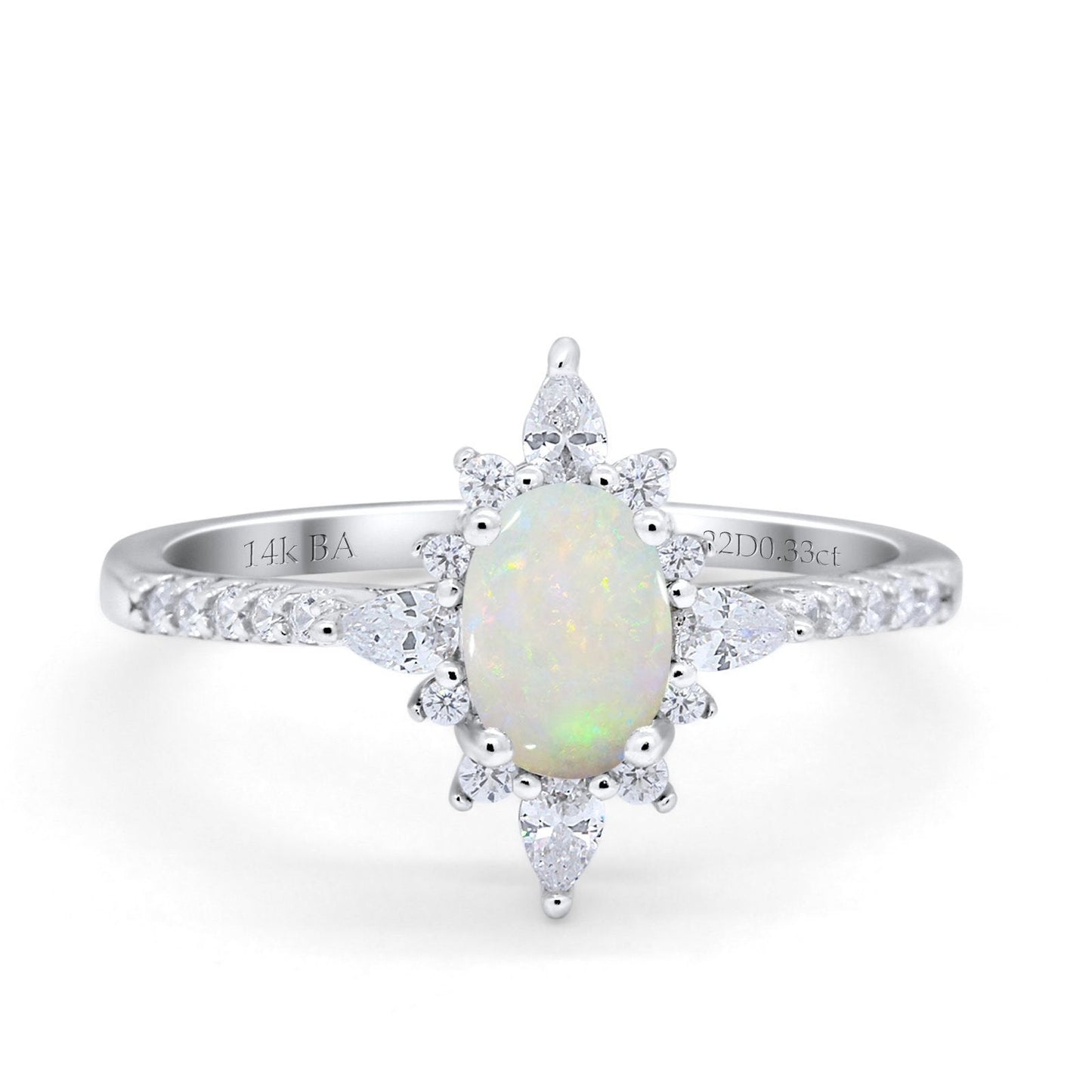 14K White Gold 0.33ct Vintage Oval 8mmx6mm G SI Natural White Opal Diamond Engagement Wedding Ring Size 6.5