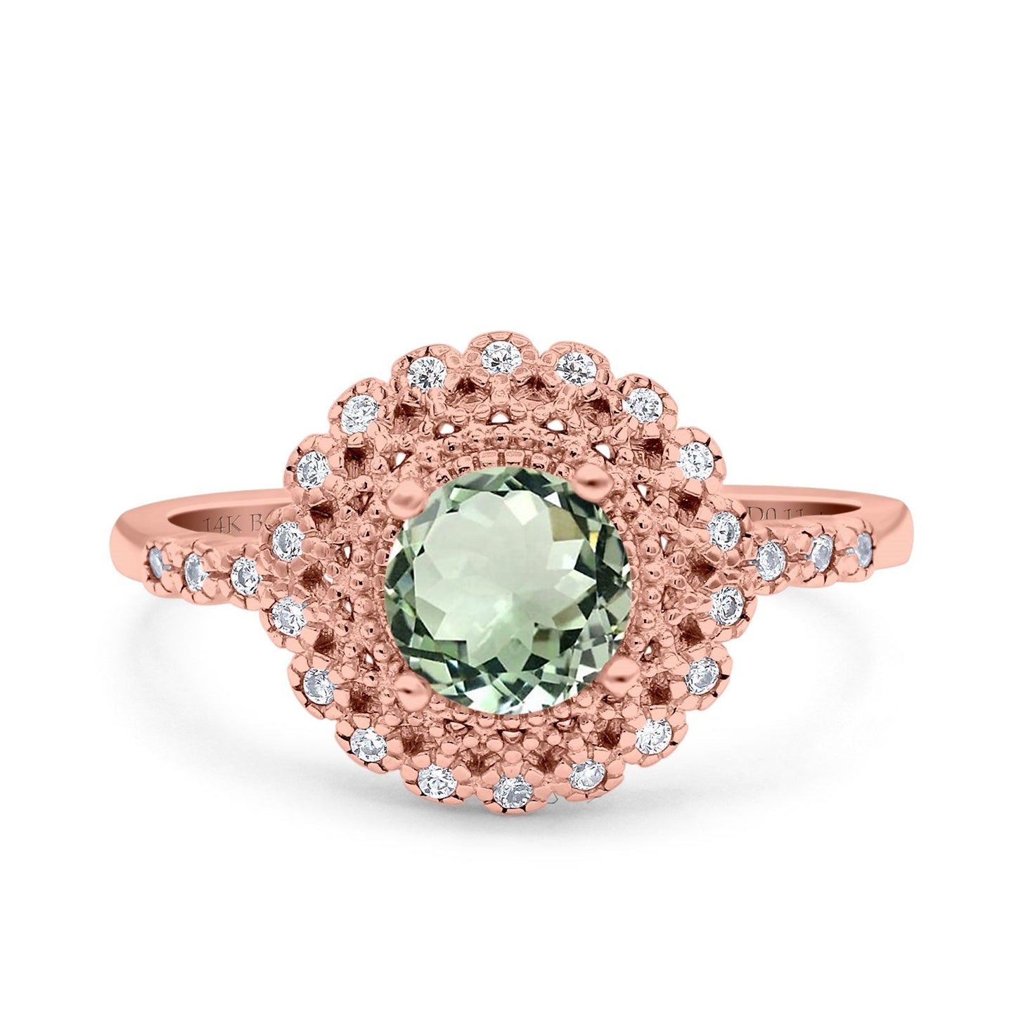 14K Rose Gold 0.77ct Halo Art Deco Round 5.5mm G SI Natural Green Amethyst Diamond Engagement Wedding Ring Size 6.5