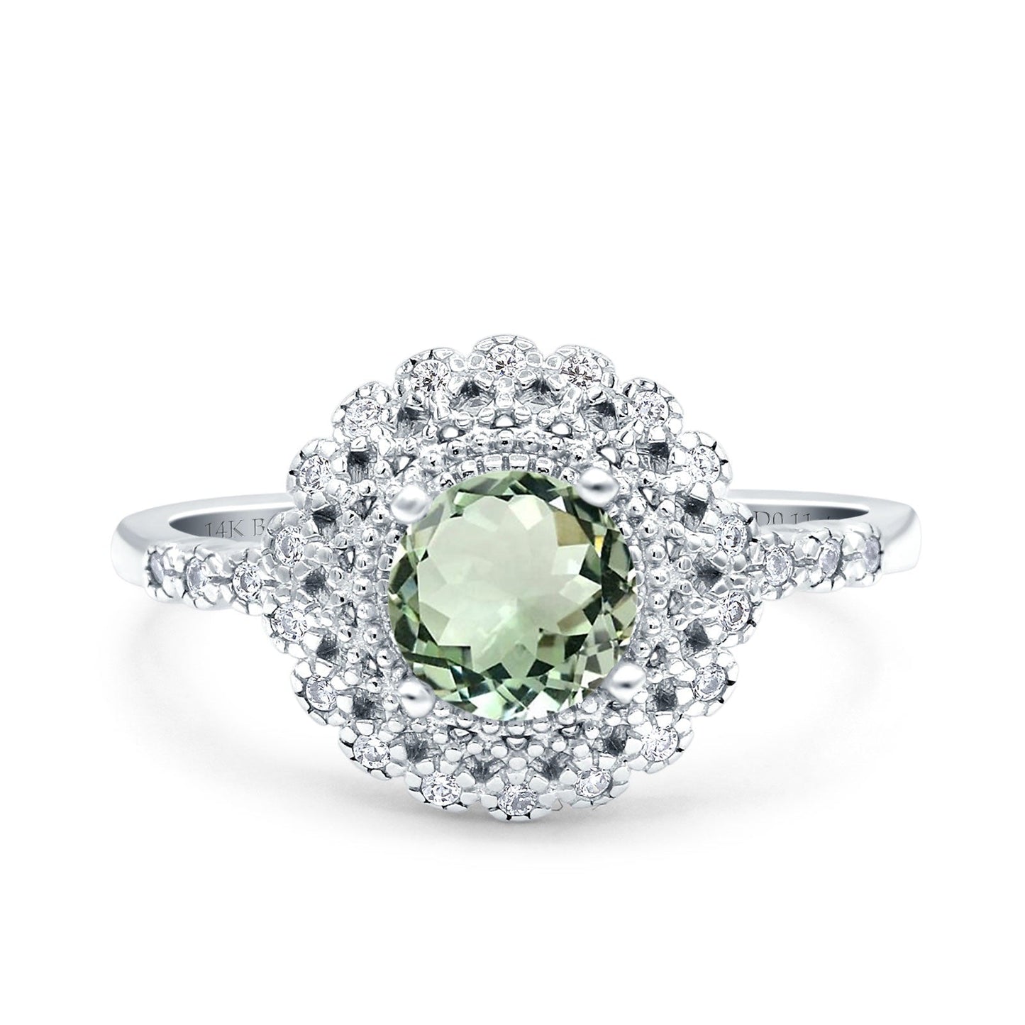 14K White Gold 0.77ct Halo Art Deco Round 5.5mm G SI Natural Green Amethyst Diamond Engagement Wedding Ring Size 6.5