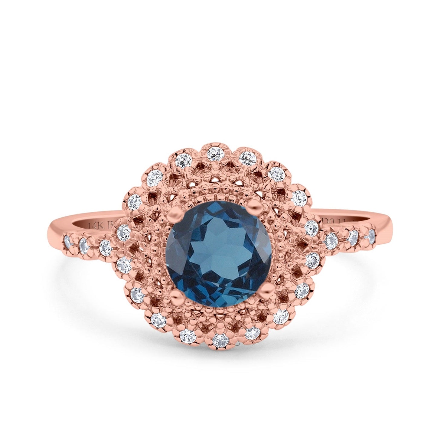 14K Rose Gold 0.77ct Halo Art Deco Round 5.5mm G SI London Blue Topaz Diamond Engagement Wedding Ring Size 6.5