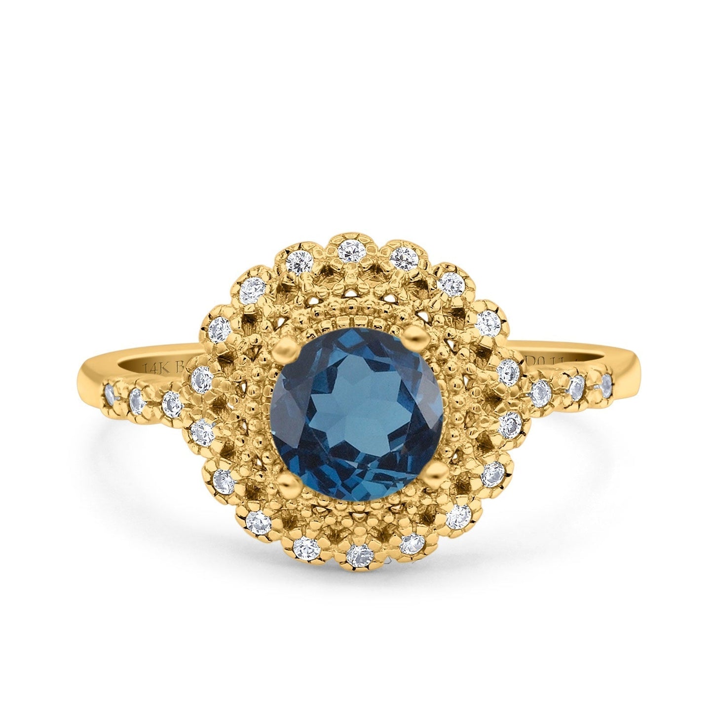 14K Yellow Gold 0.77ct Halo Art Deco Round 5.5mm G SI London Blue Topaz Diamond Engagement Wedding Ring Size 6.5