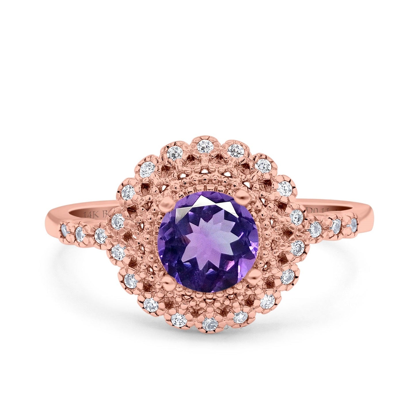 14K Rose Gold 0.77ct Halo Art Deco Round 5.5mm G SI Natural Amethyst Diamond Engagement Wedding Ring Size 6.5