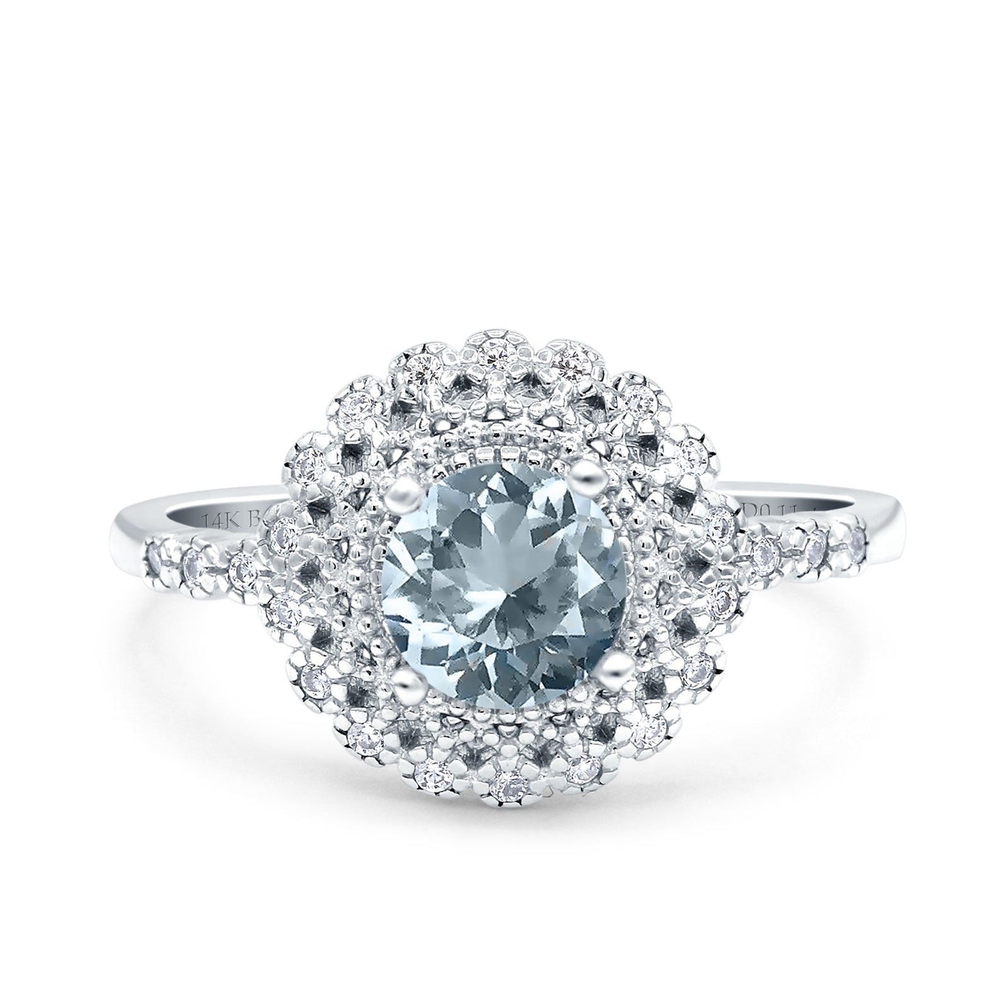 14K White Gold 0.77ct Halo Art Deco Round 5.5mm G SI Natural Aquamarine Diamond Engagement Wedding Ring Size 6.5