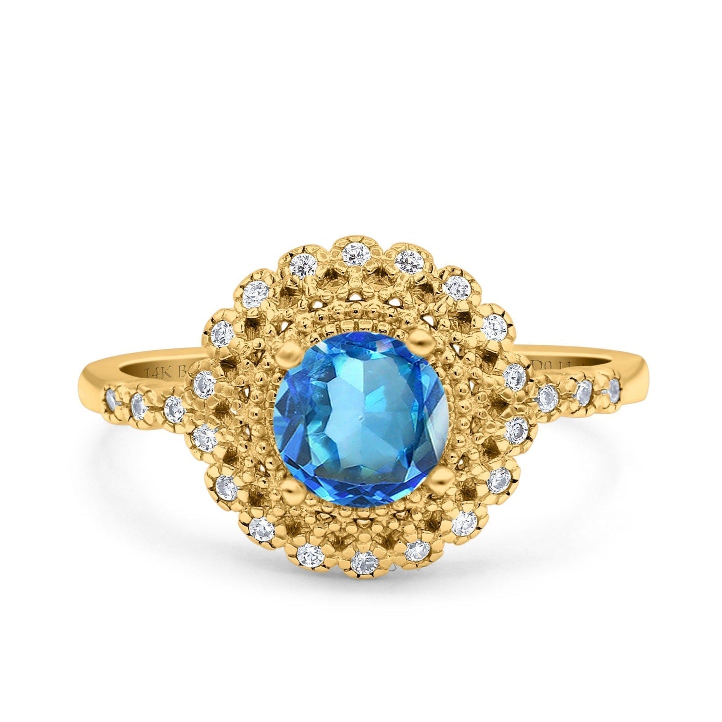 14K Yellow Gold 0.77ct Halo Art Deco Round 5.5mm G SI Natural Blue Topaz Diamond Engagement Wedding Ring Size 6.5