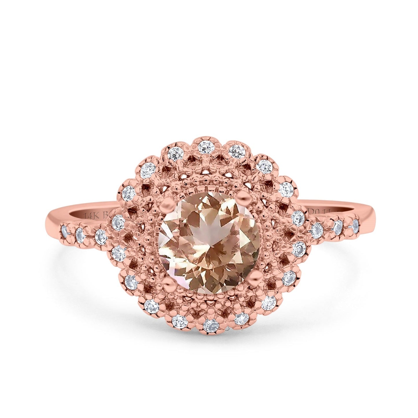 14K Rose Gold 0.77ct Halo Art Deco Round 5.5mm G SI Natural Morganite Diamond Engagement Wedding Ring Size 6.5