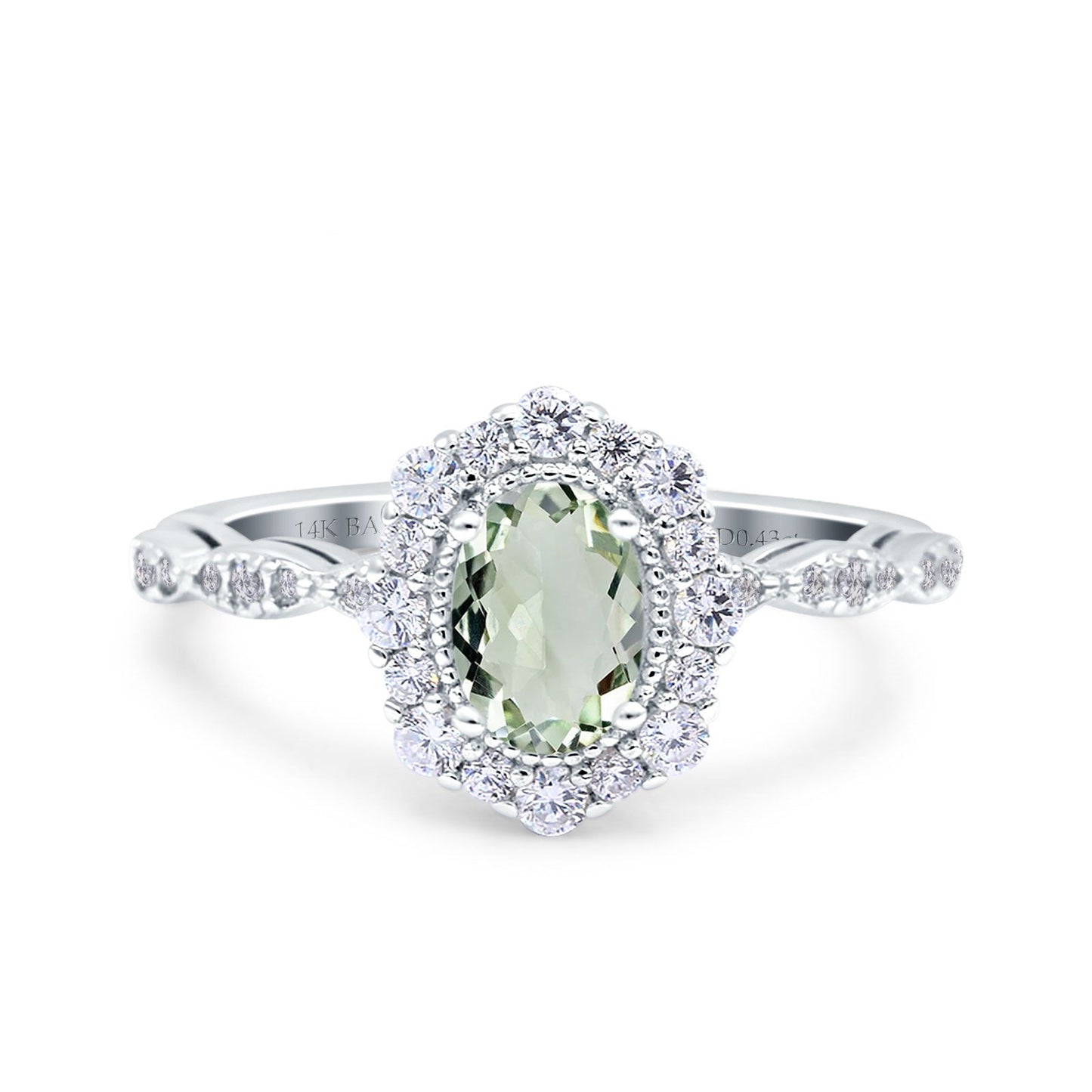 14K White Gold 1.19ct Vintage Art Deco Halo Oval 7mmx5mm G SI Natural Green Amethyst Diamond Engagement Wedding Ring Size 6.5