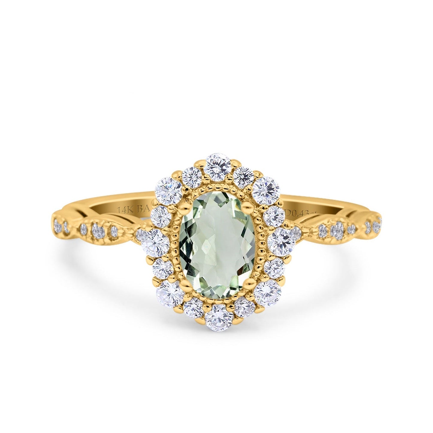 14K Yellow Gold 1.19ct Vintage Art Deco Halo Oval 7mmx5mm G SI Natural Green Amethyst Diamond Engagement Wedding Ring Size 6.5