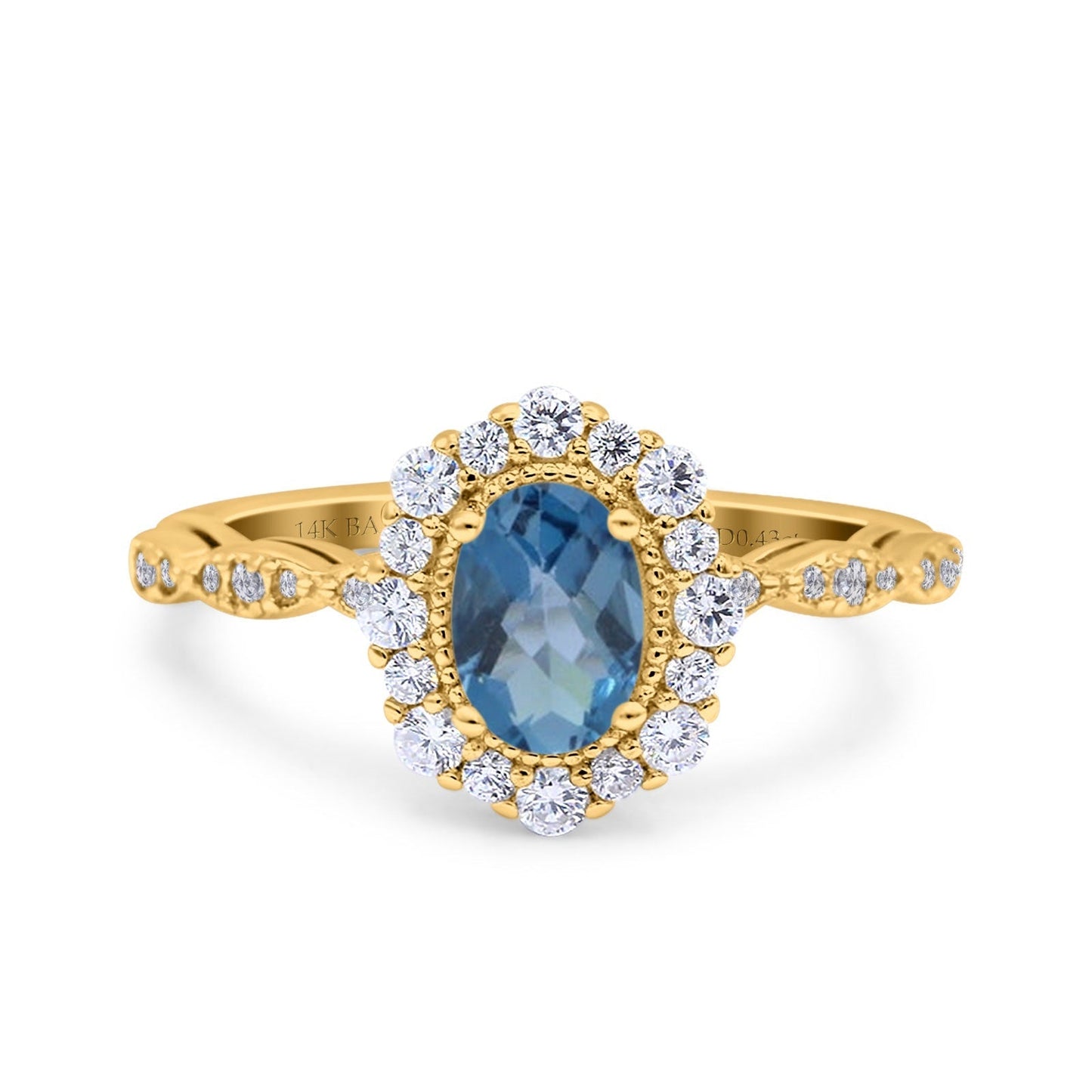 14K Yellow Gold 1.19ct Vintage Art Deco Halo Oval 7mmx5mm G SI London Blue Topaz Diamond Engagement Wedding Ring Size 6.5