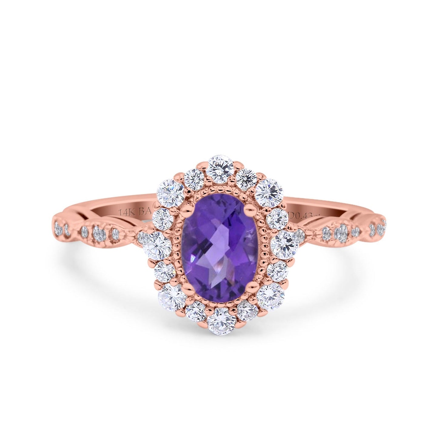 14K Rose Gold 1.19ct Vintage Art Deco Halo Oval 7mmx5mm G SI Natural Amethyst Diamond Engagement Wedding Ring Size 6.5