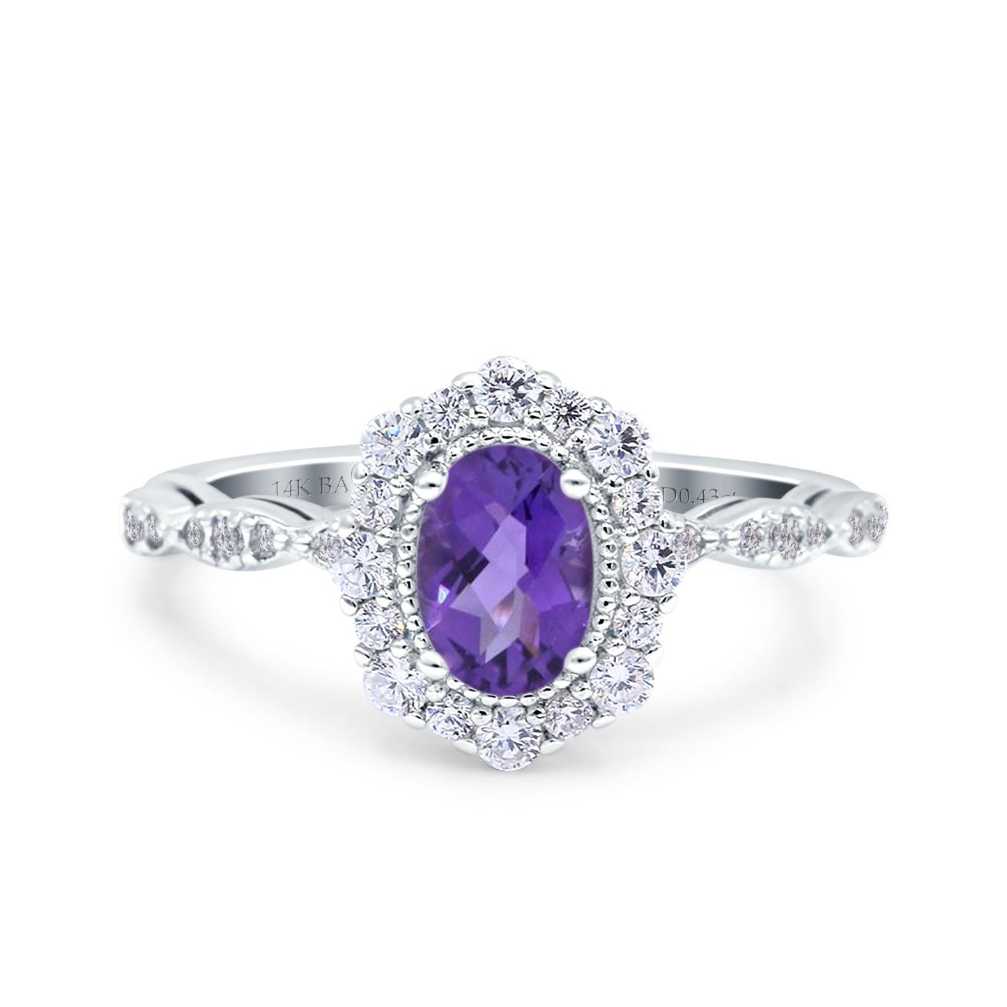 14K White Gold 1.19ct Vintage Art Deco Halo Oval 7mmx5mm G SI Natural Amethyst Diamond Engagement Wedding Ring Size 6.5