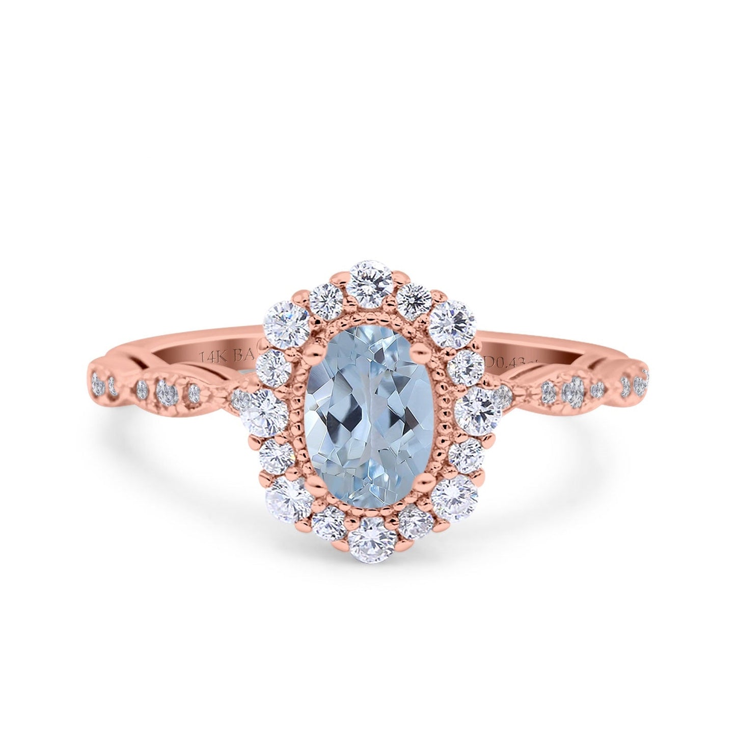 14K Rose Gold 1.19ct Vintage Art Deco Halo Oval 7mmx5mm G SI Natural Aquamarine Diamond Engagement Wedding Ring Size 6.5