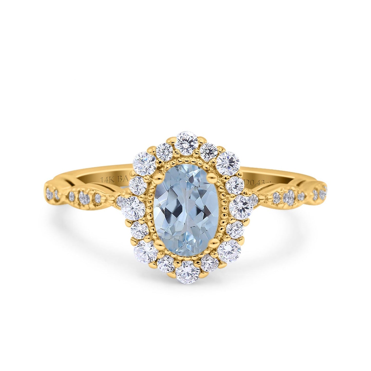 14K Yellow Gold 1.19ct Vintage Art Deco Halo Oval 7mmx5mm G SI Natural Aquamarine Diamond Engagement Wedding Ring Size 6.5