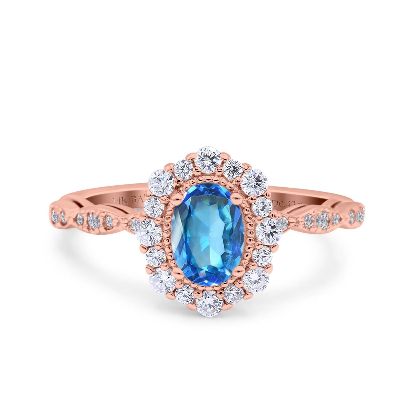 14K Rose Gold 1.19ct Vintage Art Deco Halo Oval 7mmx5mm G SI Natural Blue Topaz Diamond Engagement Wedding Ring Size 6.5