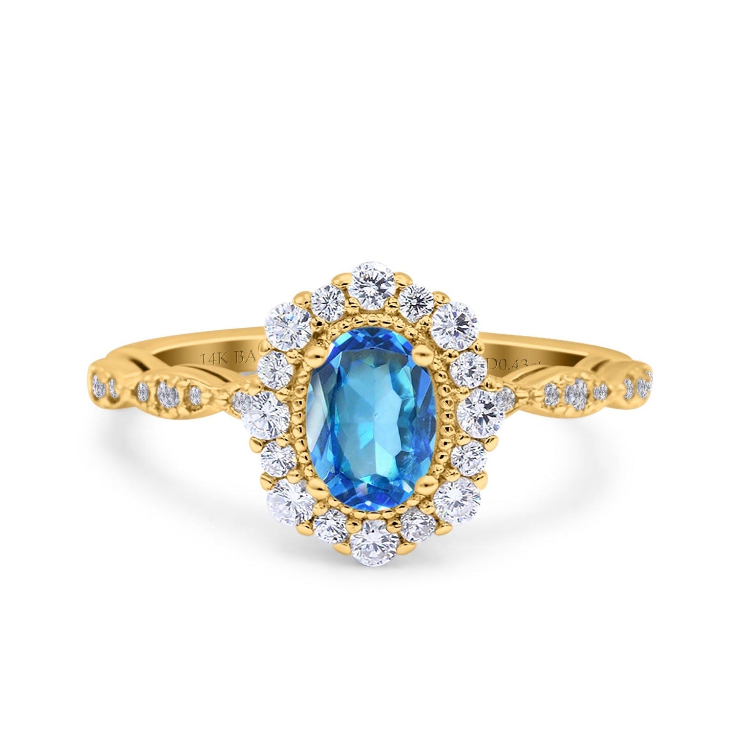 14K Yellow Gold 1.19ct Vintage Art Deco Halo Oval 7mmx5mm G SI Natural Blue Topaz Diamond Engagement Wedding Ring Size 6.5