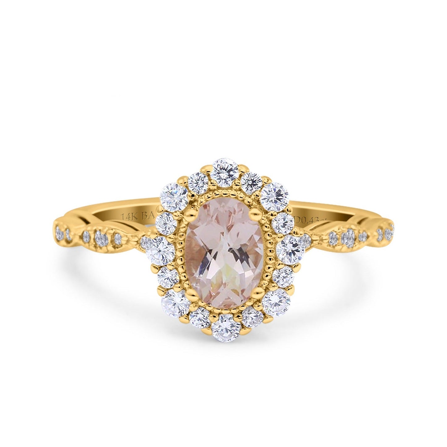 14K Yellow Gold 1.19ct Vintage Art Deco Halo Oval 7mmx5mm G SI Natural Morganite Diamond Engagement Wedding Ring Size 6.5