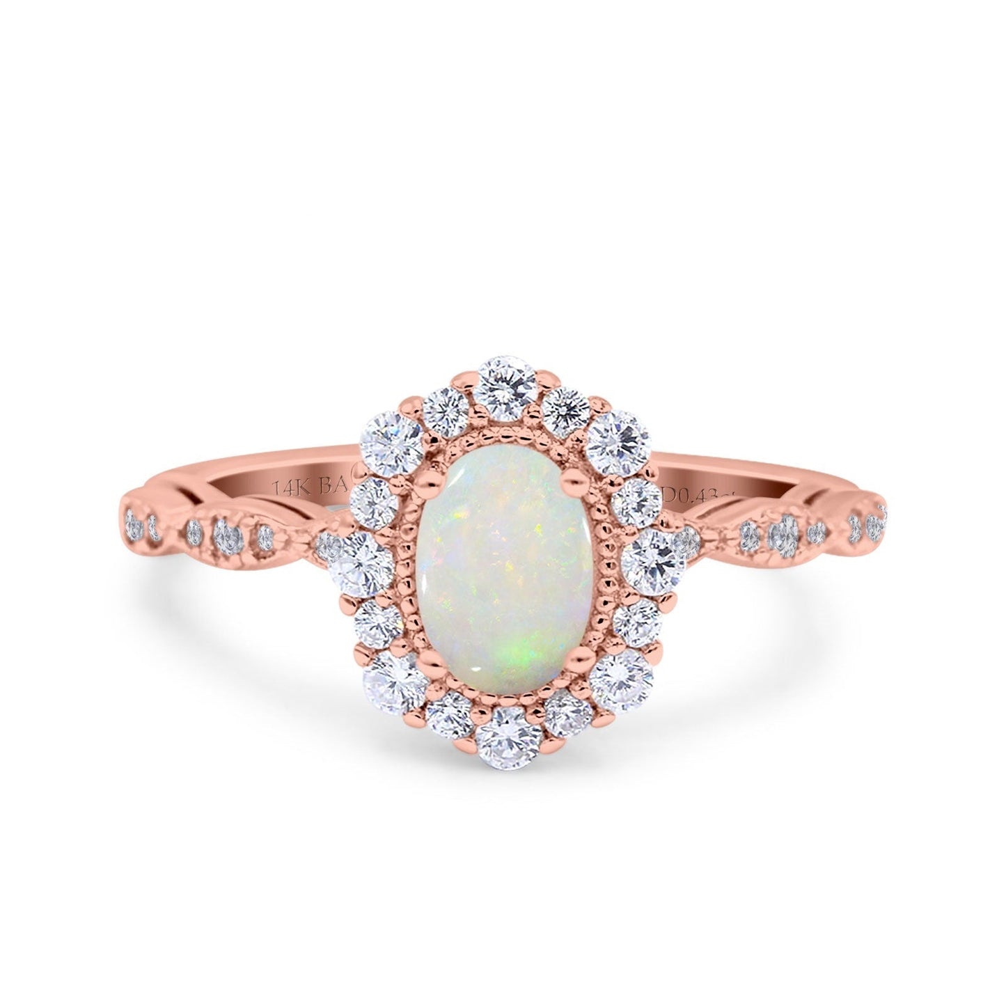 14K Rose Gold 0.43ct Vintage Art Deco Halo Oval 7mmx5mm G SI Natural White Opal Diamond Engagement Wedding Ring Size 6.5