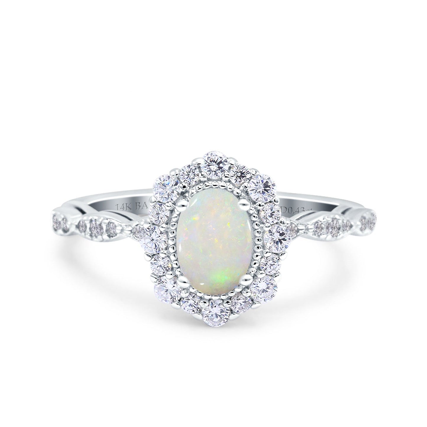 14K White Gold 0.43ct Vintage Art Deco Halo Oval 7mmx5mm G SI Natural White Opal Diamond Engagement Wedding Ring Size 6.5