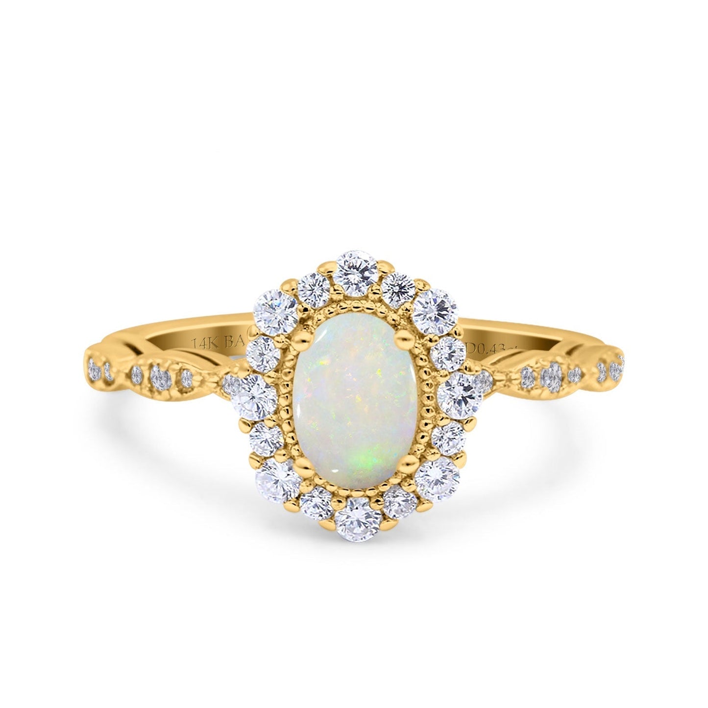 14K Yellow Gold 0.43ct Vintage Art Deco Halo Oval 7mmx5mm G SI Natural White Opal Diamond Engagement Wedding Ring Size 6.5