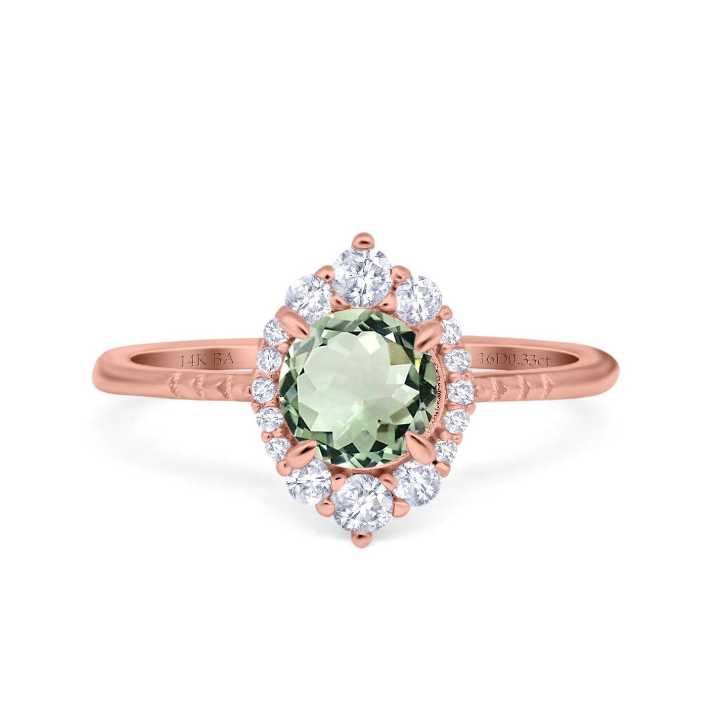 14K Rose Gold 1.61ct Halo Vintage Round 7mm G SI Natural Green Amethyst Diamond Engagement Wedding Ring Size 6.5